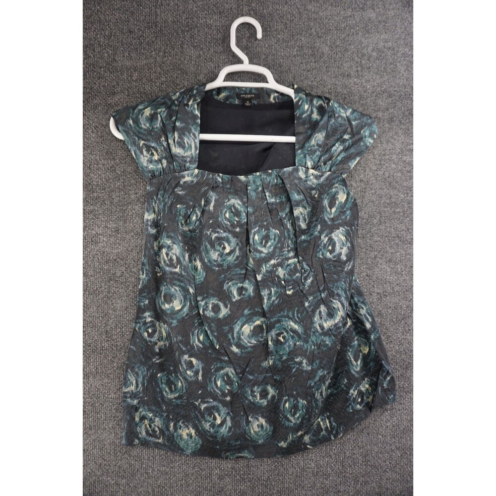 Ann Taylor Blouse Medium Green Black Abstract Floral Rosette Square Neck